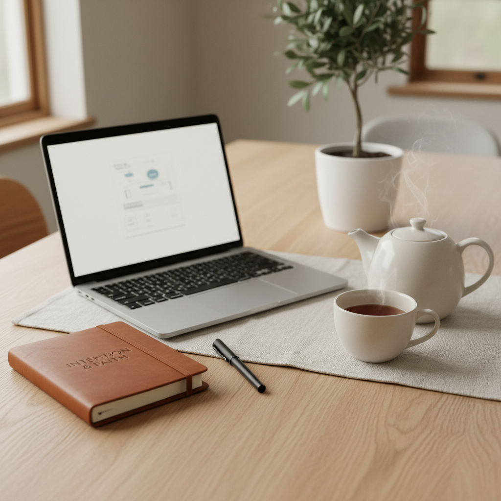 An open laptop on a clean, pale oak dining table, flanked by a closed leather-bound planner and a slim, matte-finished pen, with a small potted olive tree in the background. A ceramic teapot and matching cup sit on a linen placemat nearby, suggesting a quiet work-from-home moment. Soft overcast daylight filters through a nearby window, creating an even, flattering light that reduces harsh shadows. Photographic realism, captured at eye level with a shallow depth of field focusing on the planner and laptop, evoking a balanced, reflective mood about career, calling, and building a life together with intention and faith.