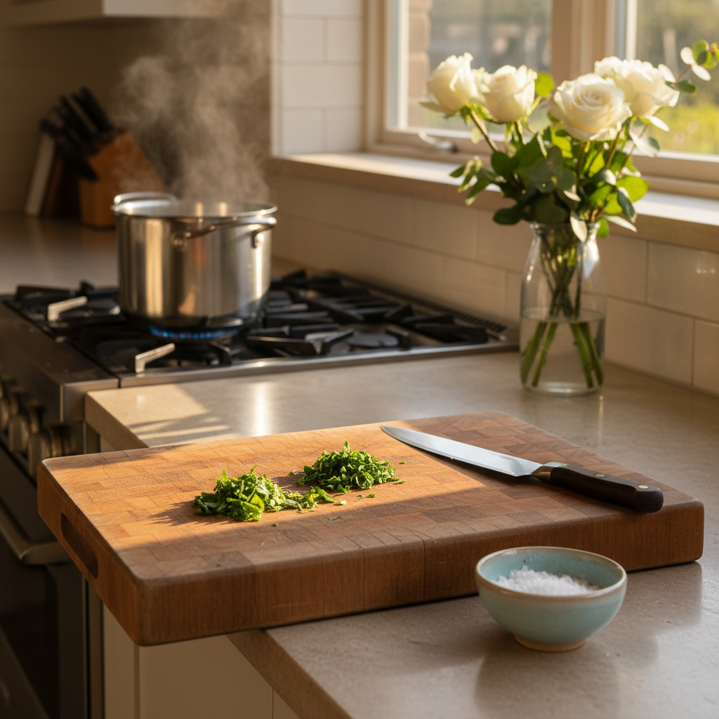 A tidy, sunlit kitchen countertop featuring a single, well-used wooden cutting board with finely chopped herbs, a gleaming chef’s knife, and a small pastel ceramic bowl of coarse sea salt. In the background, slightly out of focus, a stainless-steel pot simmers gently on a gas range and a vase of fresh white flowers rests near a window. Late-afternoon golden light slants across the counter, catching the sheen of the knife and the texture of the wood. Photographic realism, shot from a slightly elevated angle, with a cozy, warm, and sophisticated mood that suggests newlywed home-cooking and shared routines.