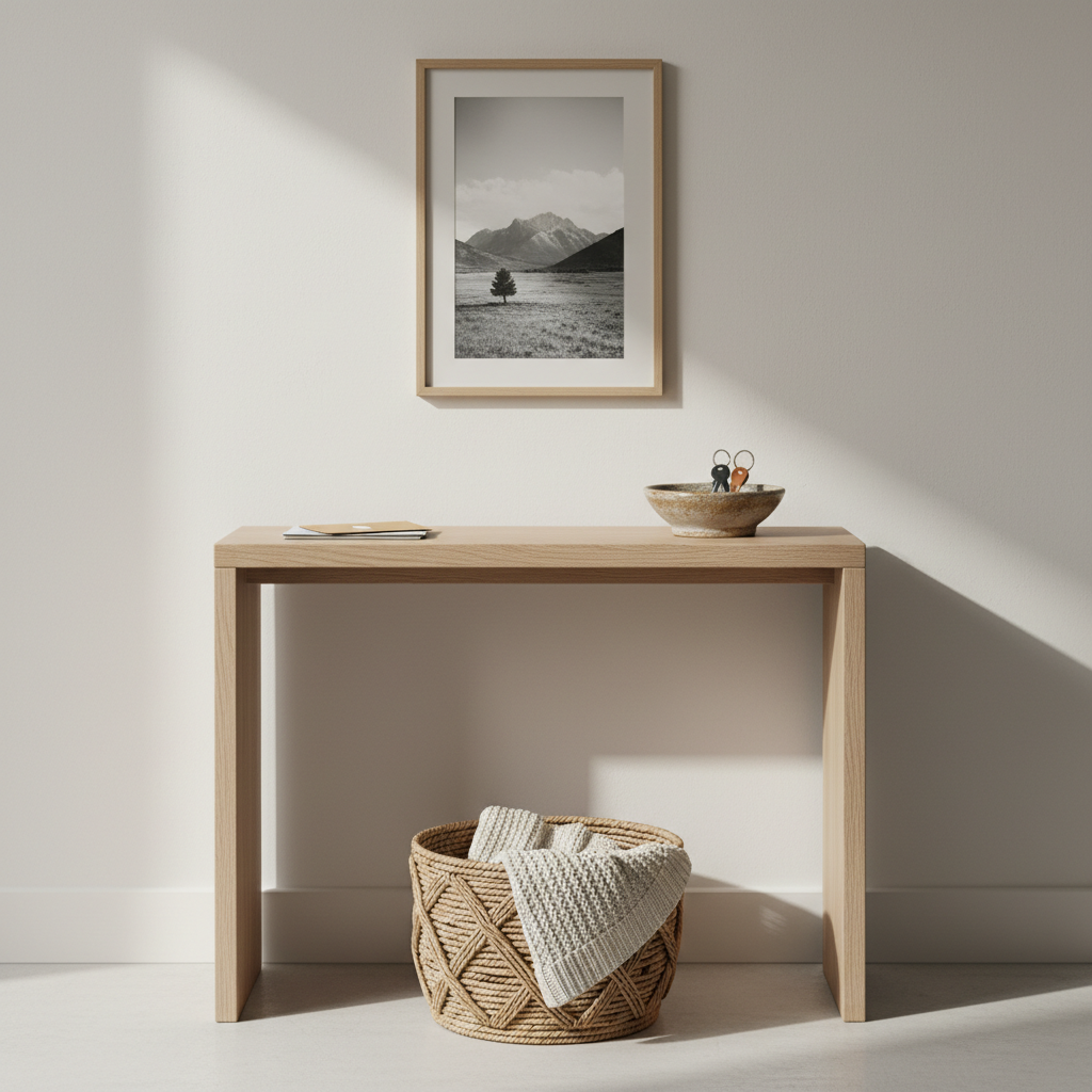 A minimalist entryway vignette showing a narrow wooden console table against a soft, off-white wall, topped with a ceramic dish holding two sets of keys, a small stack of mail, and a single framed black-and-white landscape photograph. Beneath the table, a woven basket holds a neatly folded throw blanket. Natural diffused daylight from the side casts gentle shadows and highlights the subtle textures of wood, ceramic, and woven fibers. Photographic realism, composed using the rule of thirds with clean lines and negative space, conveying a calm, orderly, and sophisticated transition from the outside world into a thoughtfully shared home.