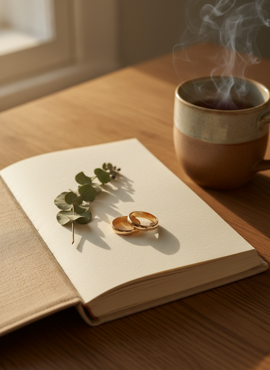 A pair of simple gold wedding bands resting on an open linen-bound journal, its cream pages blank except for a single pressed sprig of eucalyptus tucked near the spine. The journal lies on a warm oak table beside a stoneware mug of tea, faint steam curling upward. Soft morning sunlight from an unseen window washes across the scene, creating gentle shadows and a serene glow on the metal and paper. Photographic realism, eye-level composition with a shallow depth of field, the rings in crisp focus while the background softly blurs, evoking a calm, sophisticated sense of new beginnings and intentional living.