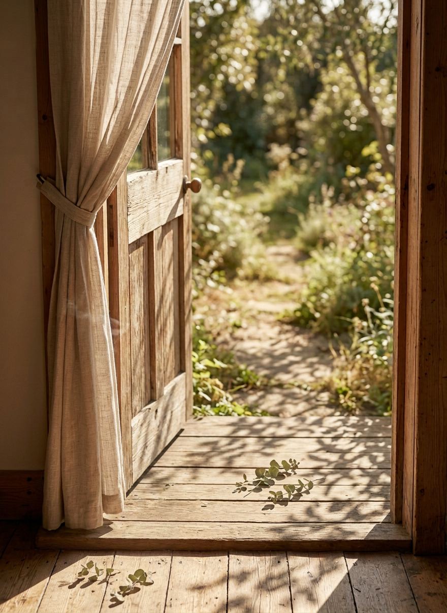 New beginnings A pair of simple gold wedding bands resting on an open linen-bound journal, its cream pages blank except for a single pressed sprig of eucalyptus tucked near the spine. The journal lies on a warm oak table beside a stoneware mug of tea, faint steam curling upward. Soft morning sunlight from an unseen window washes across the scene, creating gentle shadows and a serene glow on the metal and paper. Photographic realism, eye-level composition with a shallow depth of field, the rings in crisp focus while the background softly blurs, evoking a calm, sophisticated sense of new beginnings and intentional living.