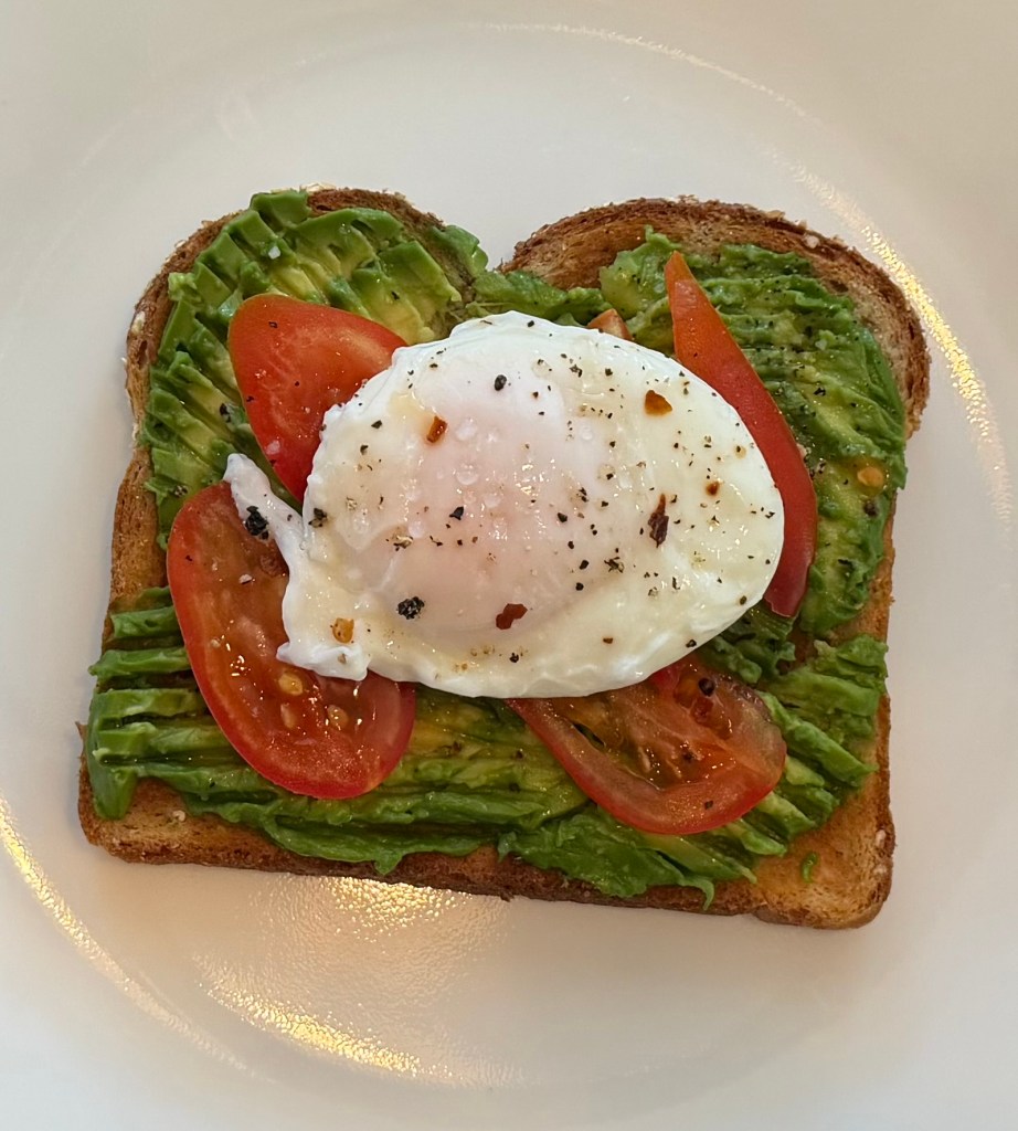 Breakfast, Avocado Toast with Garden Tomatoes and poached egg